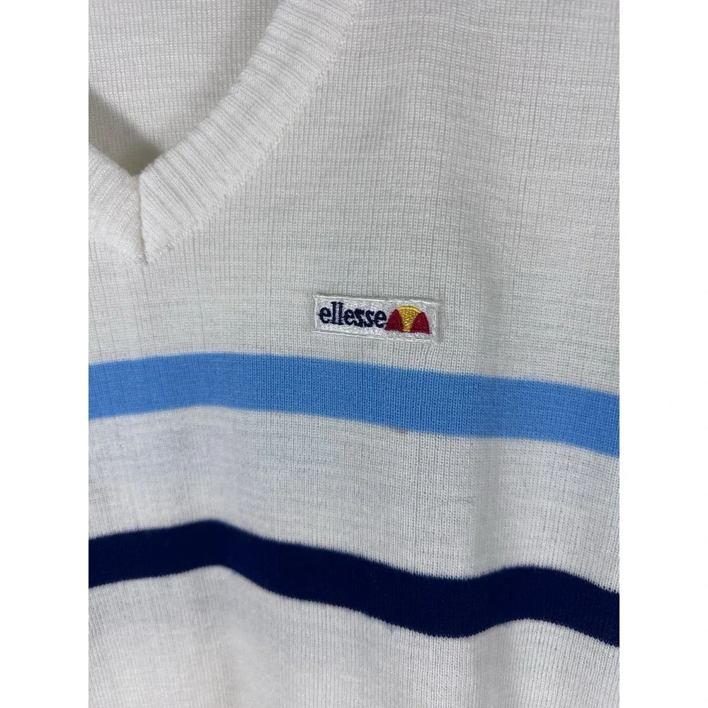 Vintage Ellesse Sweater Vest White Blue Striped Embroidered Logo V Neck